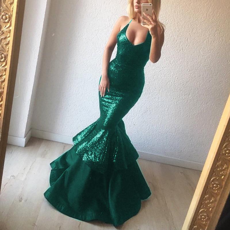 Elegant Sequins V Neck Ruffle Mermaid Evening Gowns Bodice Corset