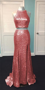 Load image into Gallery viewer, Rose Gold Sequin Two Piece Prom Dresses Mermaid Evening Gowns
