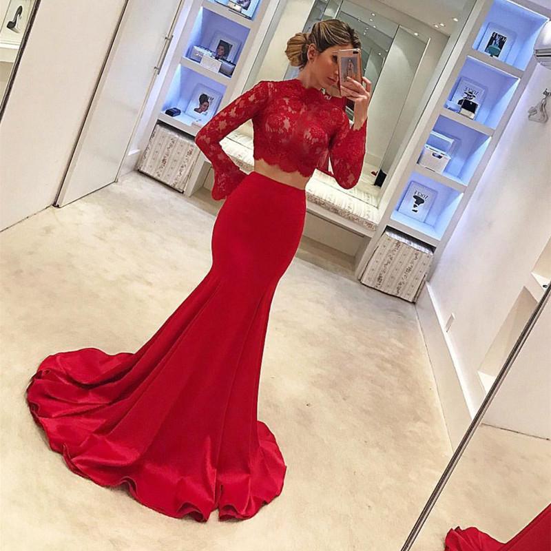 Long Sleeves Mermaid Prom Dresses Two Piece Evening Gowns 2018