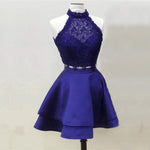 Load image into Gallery viewer, A Line High Neck Lace Crop Satin Homecoming Dresses Two Piece

