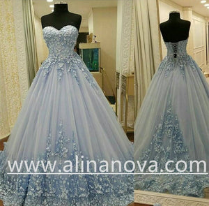 Lovely Lace Appliques Sweetheart Light Blue Ball Gowns Wedding Dresses