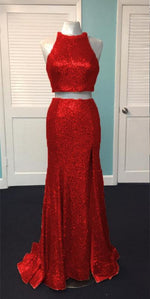 Load image into Gallery viewer, Rose Gold Sequin Two Piece Prom Dresses Mermaid Evening Gowns
