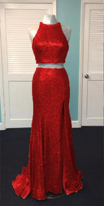 Rose Gold Sequin Two Piece Prom Dresses Mermaid Evening Gowns