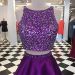 Load image into Gallery viewer, Purple Satin Two Piece Homecoming Dresses Open Back Prom Gowns Crystal Beads
