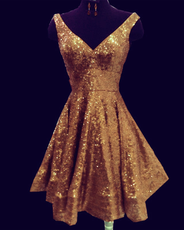 Short V-neck Ruffle Hem Sequins Homecoming Dresses