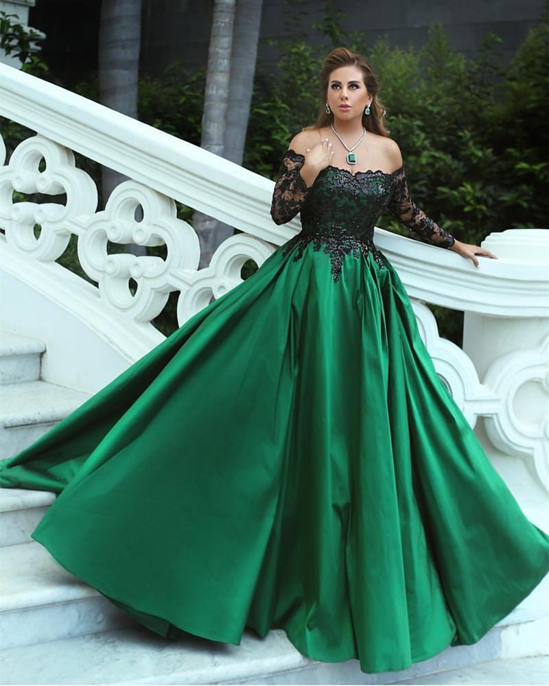 Black Sequins Lace Long Sleeves Satin Ball Gowns Off The Shoulder