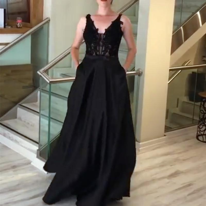 Lace Appliques V Neck Long Black Satin Evening Gowns With Pockets