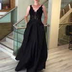 Load image into Gallery viewer, Lace Appliques V Neck Long Black Satin Evening Gowns With Pockets
