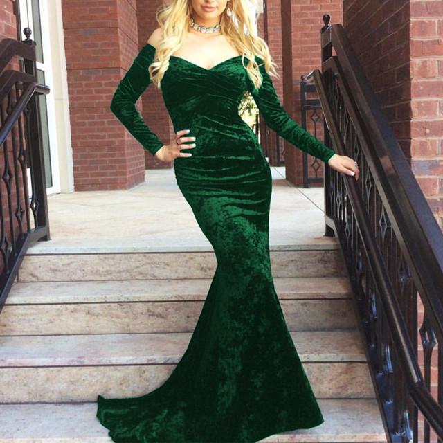 V Neck Off Shoulder Velvet Prom Dress Long Sleeves Mermaid Evening Gowns