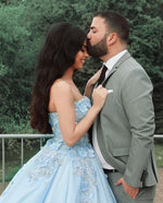 Cargar imagen en el visor de la galería, Light Blue Satin Ball Gowns Wedding Dresses With 3D Lace Flower Sweetheart Neckline
