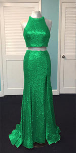 Load image into Gallery viewer, Rose Gold Sequin Two Piece Prom Dresses Mermaid Evening Gowns
