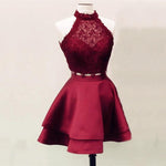 Load image into Gallery viewer, A Line High Neck Lace Crop Satin Homecoming Dresses Two Piece
