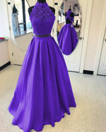 Load image into Gallery viewer, A-line High Neck Open Back Satin Prom Dresses Two Piece
