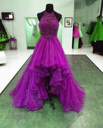 Cargar imagen en el visor de la galería, Beaded Halter Organza Ruffles High Low Prom Dresses

