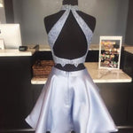 Load image into Gallery viewer, A Line High Neck Lace Crop Satin Homecoming Dresses Two Piece
