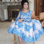 Load image into Gallery viewer, Tea Length Ball Gowns Wedding Guest Dresses With Blue Lace Embroidery
