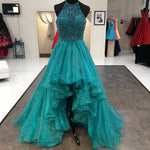 Cargar imagen en el visor de la galería, Beaded Halter Organza Ruffles High Low Prom Dresses
