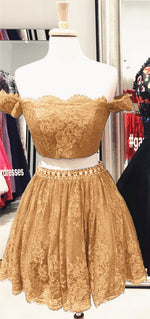 Load image into Gallery viewer, Short Lace Off Shoulder Prom Dresses Two Piece Homecoming Dresses
