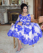 Afbeelding in Gallery-weergave laden, Tea Length Ball Gowns Wedding Guest Dresses With Blue Lace Embroidery
