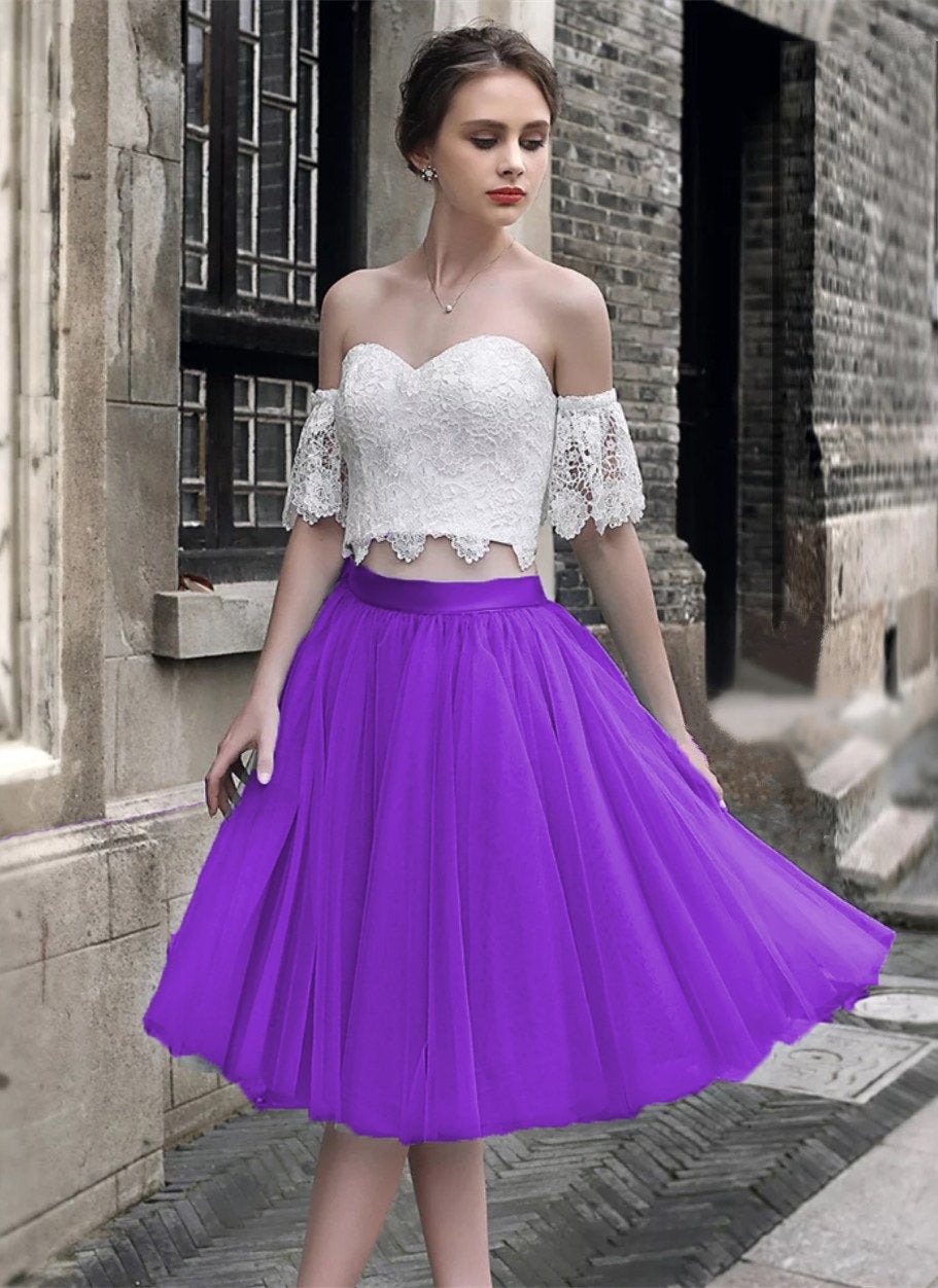 White Lace Crop Top Tulle Prom Dresses Two Piece Homecoming Dress