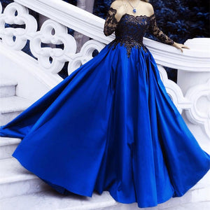 Black Sequins Lace Long Sleeves Satin Ball Gowns Off The Shoulder