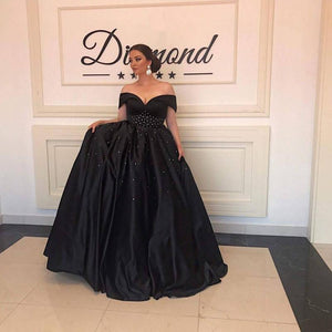 Long Black Satin Beaded Ball Gowns Prom Dresses Off The Shoulder