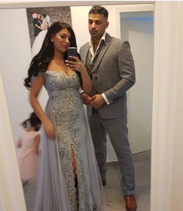 Silver Lace Off The Shoulder Mermaid Prom Dresses With Slit