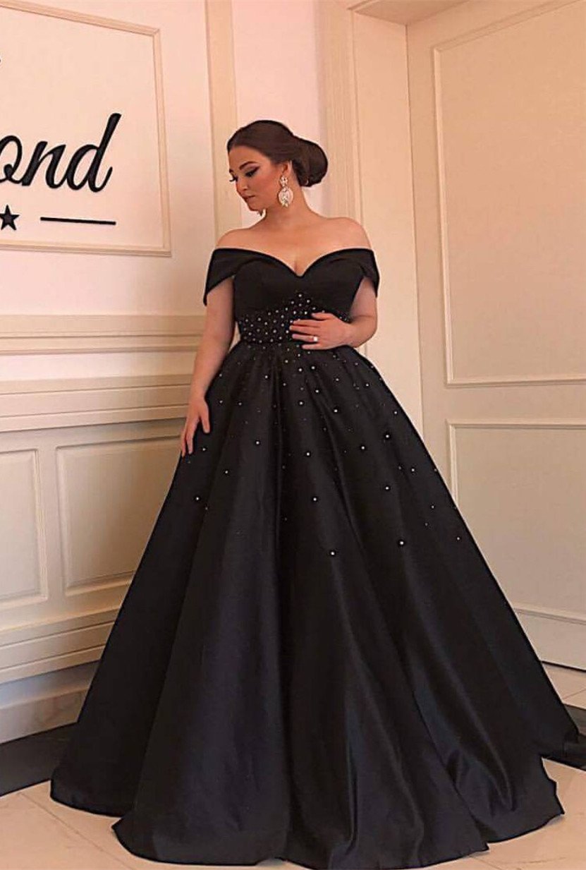 Long Black Satin Beaded Ball Gowns Prom Dresses Off The Shoulder
