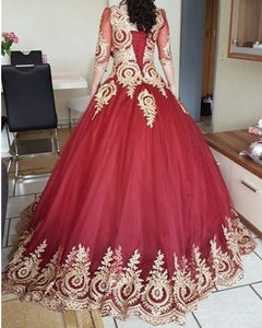 Burgundy-Tulle-Wedding-Dresses-Gold-Lace-Appliques-With-3/4-Sleeves