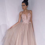 Load image into Gallery viewer, Long Tulle V-neck Embroidery Prom Dresses Cross Back Evening Gowns
