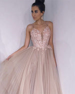 Load image into Gallery viewer, Long Tulle V-neck Embroidery Prom Dresses Cross Back Evening Gowns
