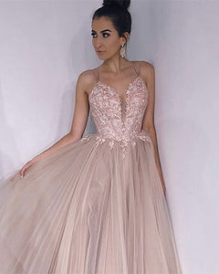 Long Tulle V-neck Embroidery Prom Dresses Cross Back Evening Gowns