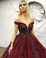 Load image into Gallery viewer, Luxury Beaded V-neck Tulle Off Shoulder Prom Dresses Ball Gowns
