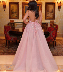 Stylish Handmade Flowers Tulle Prom Dresses Backless Evening Gowns