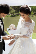 Load image into Gallery viewer, Lace Long Sleeves Taffeta Princess Wedding Dresses Off The Shoulder
