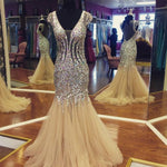 Load image into Gallery viewer, cap sleeves v neck long champagne prom dresses mermaid pageant evening gowns
