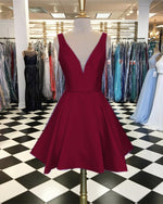 Load image into Gallery viewer, Short-Burgundy-Prom-Gowns-Satin-Homecoming-Dress
