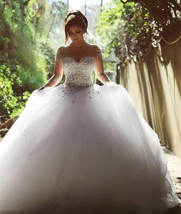 Luxurious Crystal Pearl Beaded Long Sleeves Ball Gowns Wedding Dresses 2019
