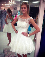 Load image into Gallery viewer, Cute A Line Cap Sleeves White Lace Homecoming Dresses Pearl Beaded
