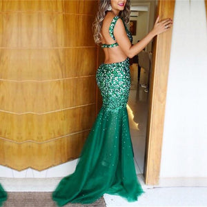 champagne crystal beaded long tulle open back mermaid evening dress