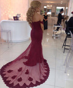 Load image into Gallery viewer, Elegant Long Burgundy Mermaid Prom Dresses 2019 Lace Appliques
