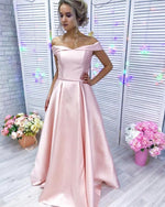 Cargar imagen en el visor de la galería, Baby Pink Long Satin Off Shoulder Bridesmaid Dresses
