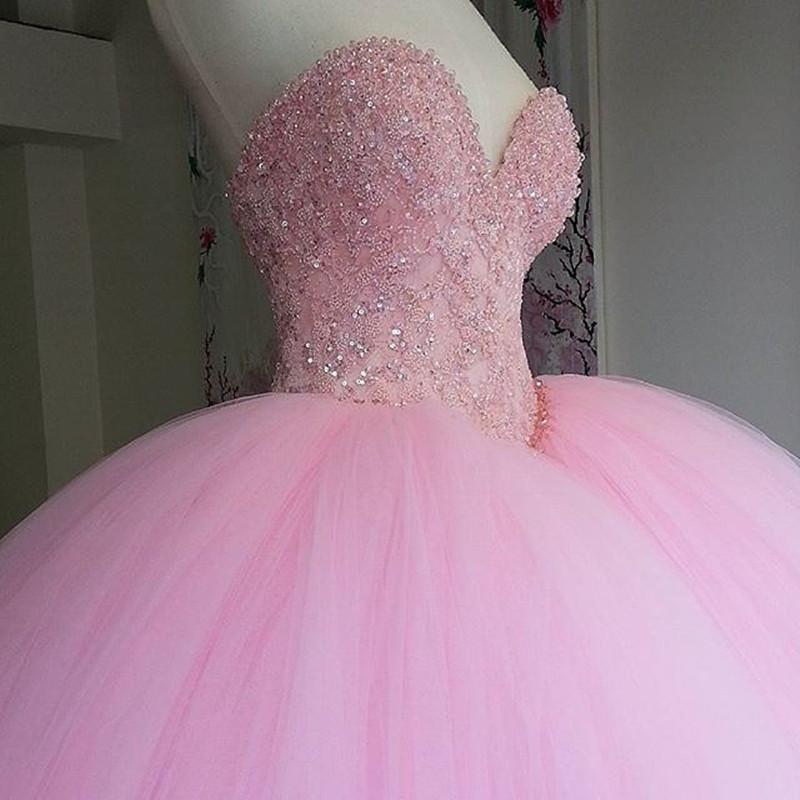 Pink Coral Lace Beading Tulle Ball Gowns Quinceanera Dresses