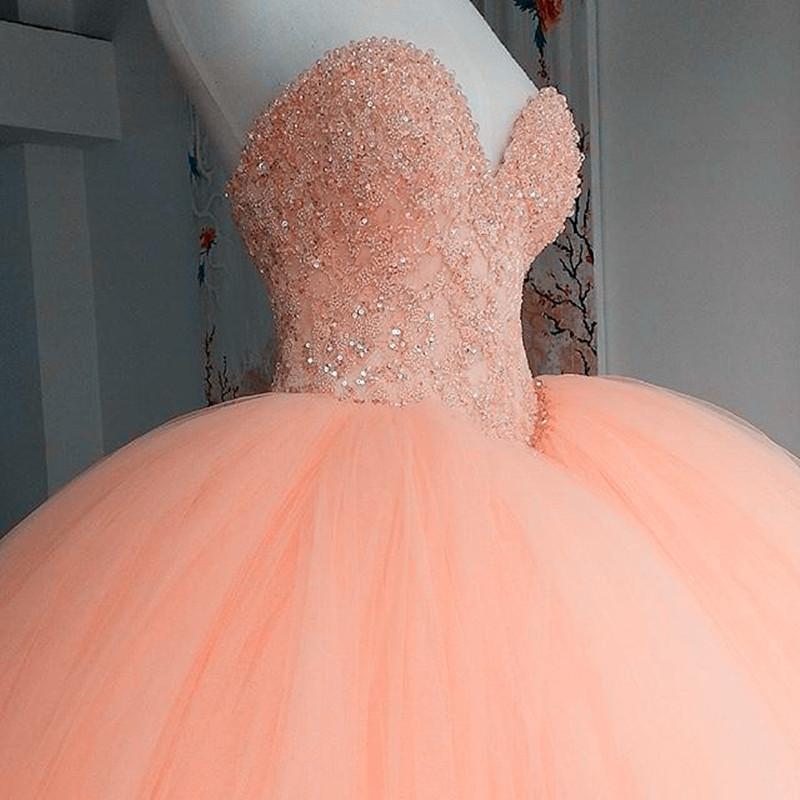 Pink Coral Lace Beading Tulle Ball Gowns Quinceanera Dresses