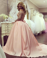 Load image into Gallery viewer, Gold Lace Long Sleeves Off Shoulder Ball Gowns Satin Blush Wedding Dresses
