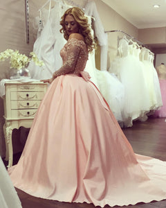 Gold Lace Long Sleeves Off Shoulder Ball Gowns Satin Blush Wedding Dresses