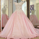 Afbeelding in Gallery-weergave laden, Pink Satin Ball Gowns Wedding Dresses Lace Embroidery And Crystal Beaded
