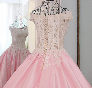 Pink Satin Ball Gowns Wedding Dresses Lace Embroidery And Crystal Beaded