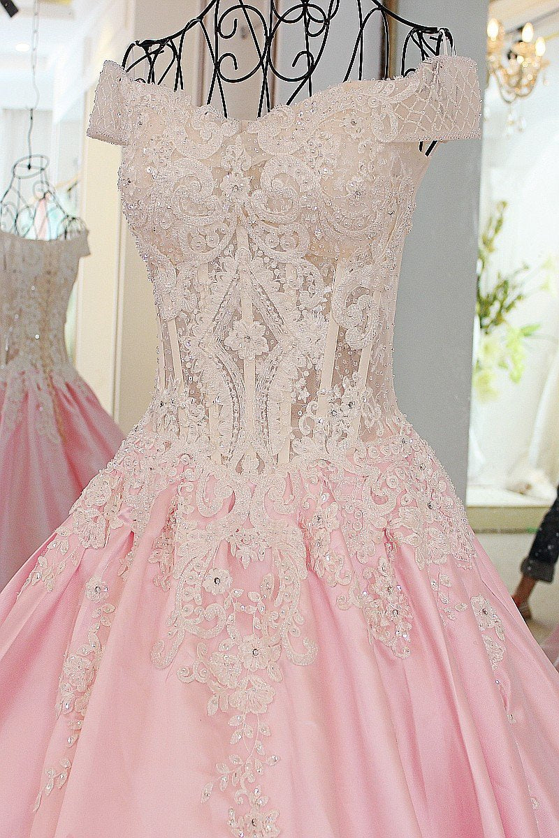 Pink Satin Ball Gowns Wedding Dresses Lace Embroidery And Crystal Beaded
