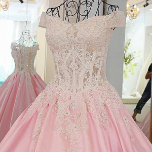 Pink Satin Ball Gowns Wedding Dresses Lace Embroidery And Crystal Beaded